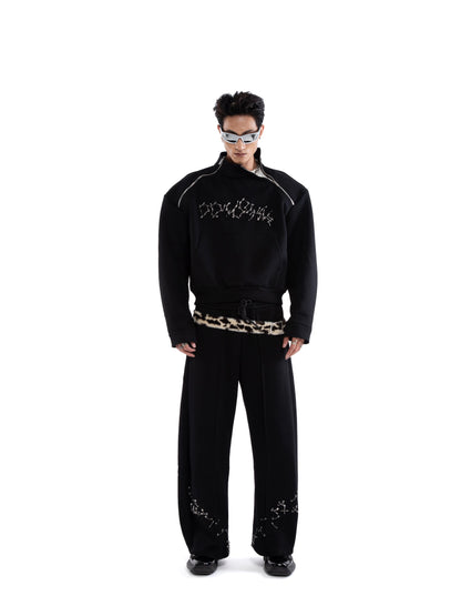 Pin Detail Stand Neck Zipper Sweatshirt &Wide Leg Pants Setup WN20649