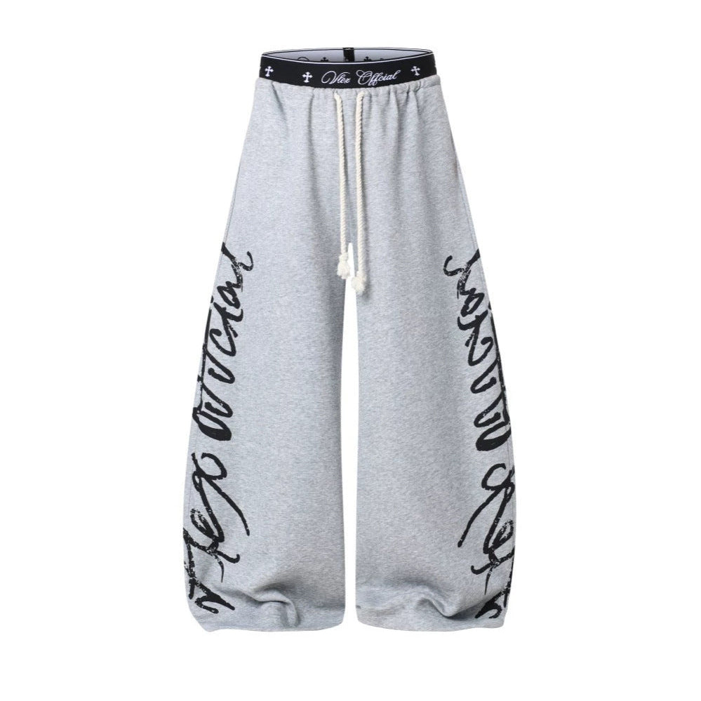 All-Over Graffiti Crackle Puff Print Wide Leg Sweatpants WN27852
