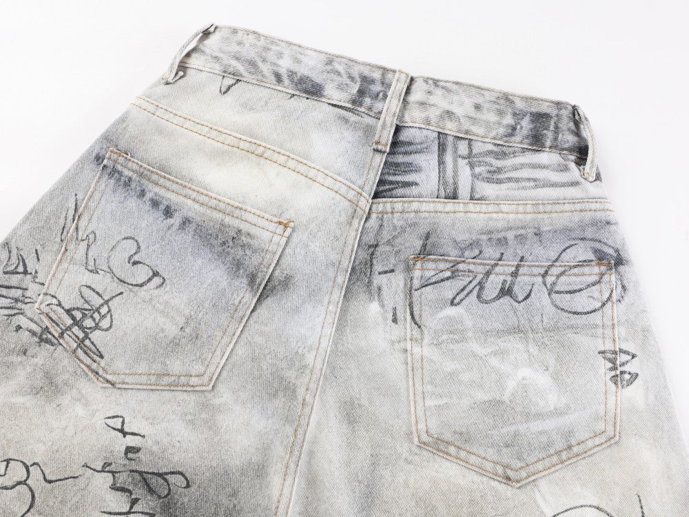 Print Graffiti Wide Leg Denim Jeans WN27844