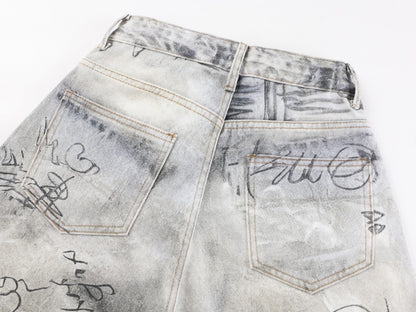 Print Graffiti Wide Leg Denim Jeans WN27844