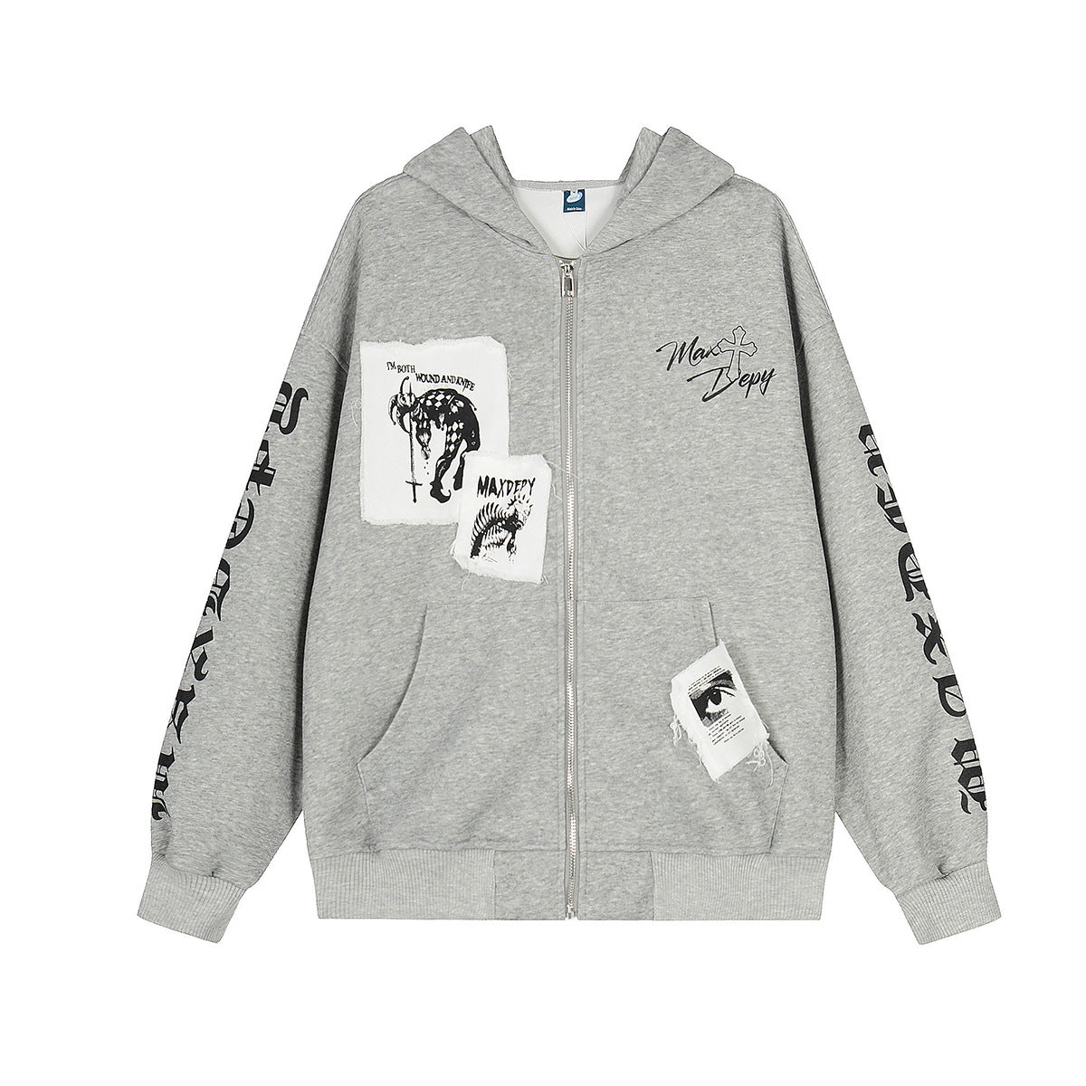Mix Patch Graphic Washed Zipper Hoodie WN23598
