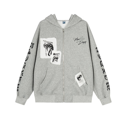 Mix Patch Graphic Washed Zipper Hoodie WN23598
