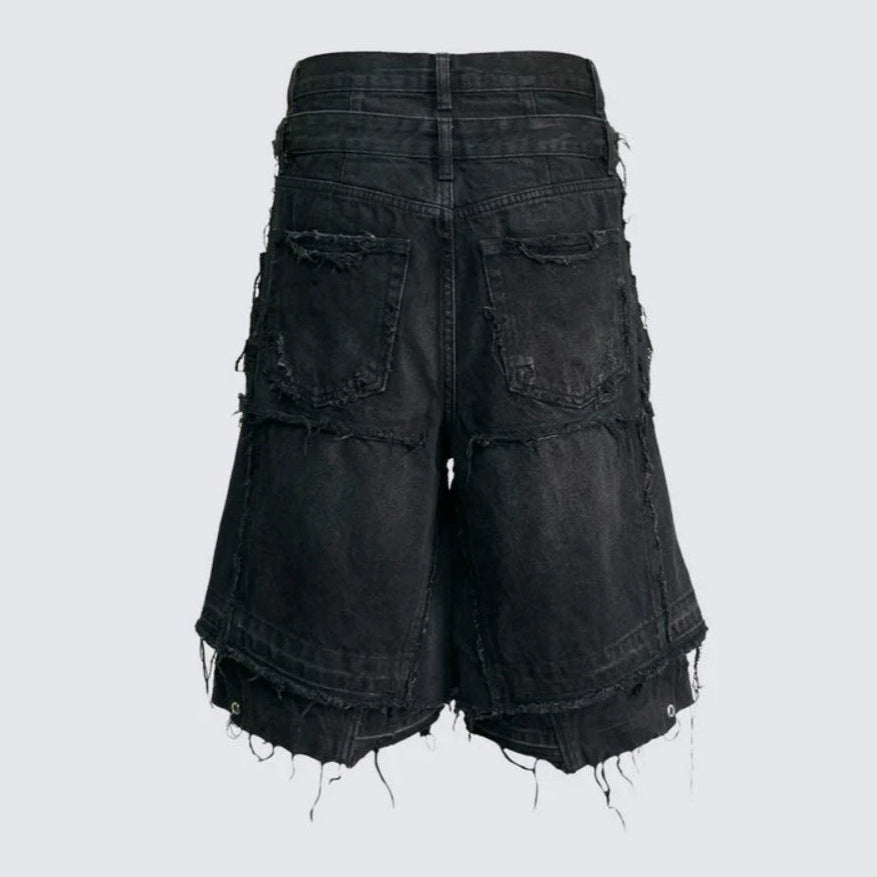 Fake Layered Damage Frayed Wide Leg Denim Half Jeans WN28067