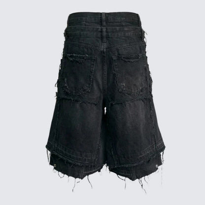 Fake Layered Damage Frayed Wide Leg Denim Half Jeans WN28067