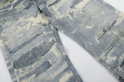 3D Print Damage Washed Wide Leg Denim Jeans WN27953