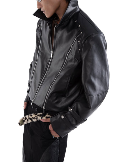 Rivet Multi-Zipper Shoulder-Pad Standing-Collar PU Leather Jacket WN20661