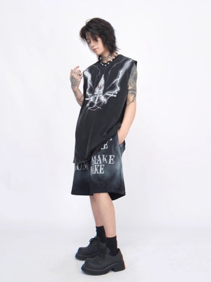 Oversize Graffiti Print Washed Sleeveless T-shirt WN6561