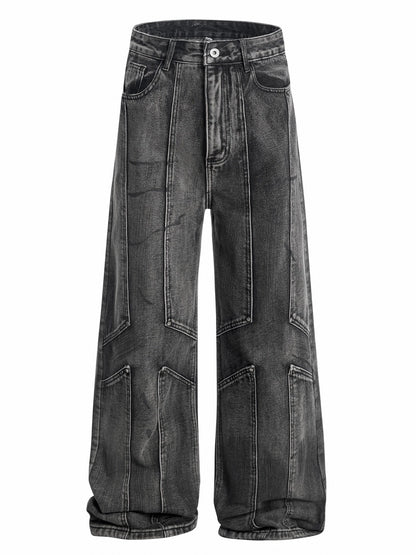 Washed Heavy Mix Design Wide Leg Denim Jeans WN21017