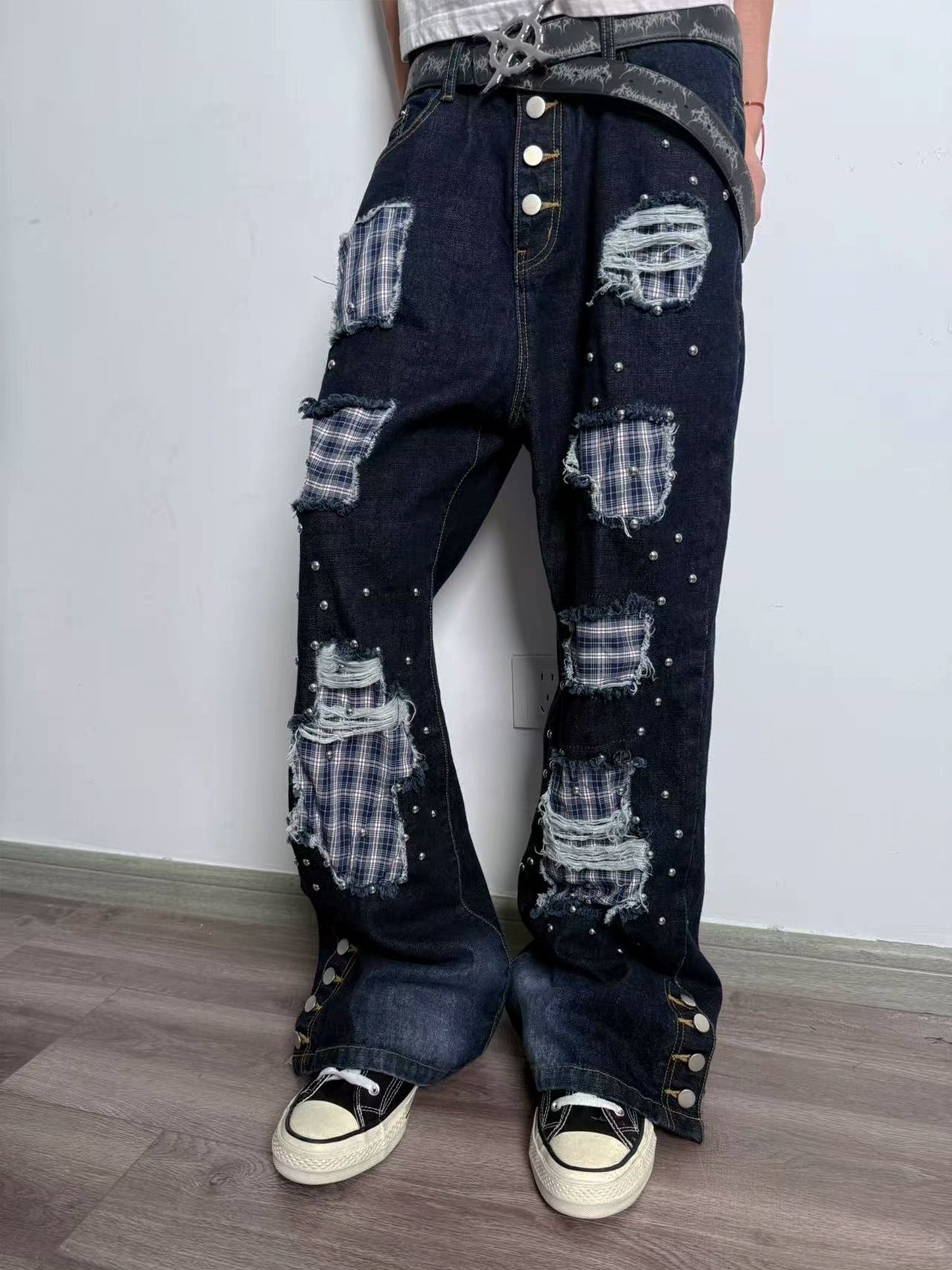 Hole Plaid Studs Flare Denim Jeans WN20909