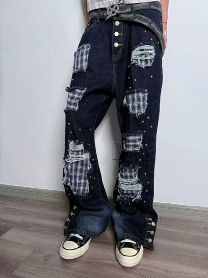 Hole Plaid Studs Flare Denim Jeans WN20909