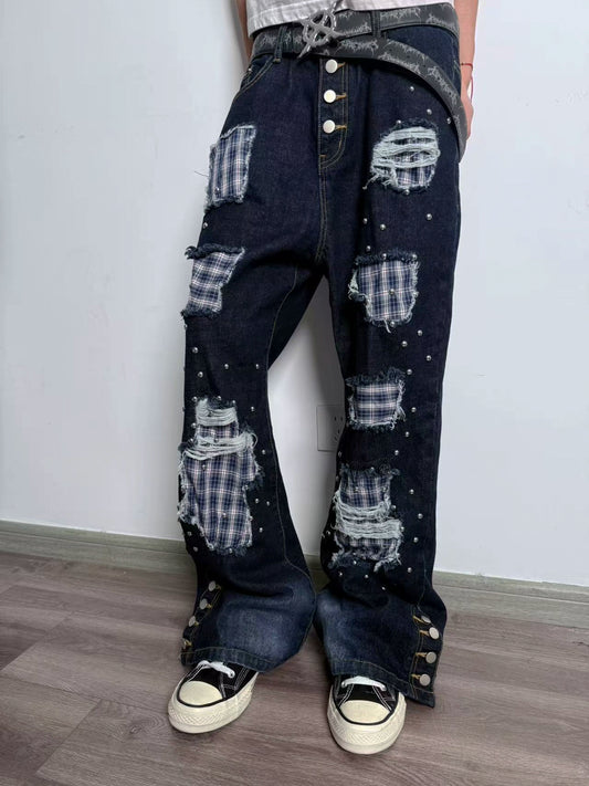 Hole Plaid Studs Flare Denim Jeans WN20909