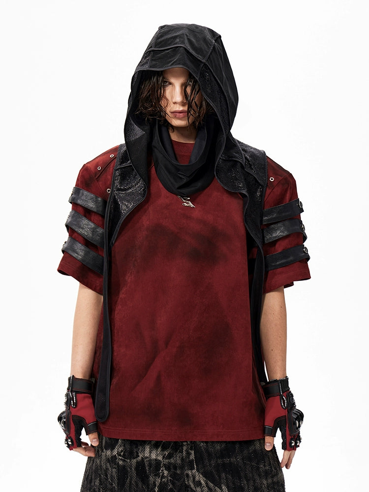 PU Leather Patchwork Dirty Wash Studded Short Sleeve T-Shirt WN18316