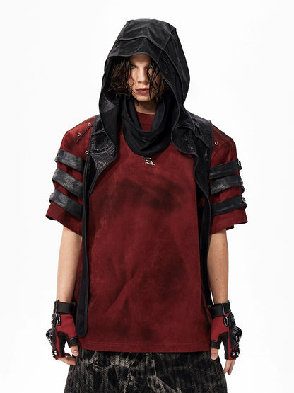 PU Leather Patchwork Dirty Wash Studded Short Sleeve T-Shirt WN18316