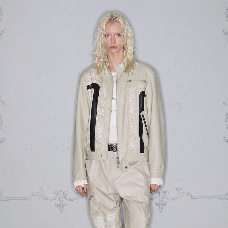 3D Patchwork Print Panel PU Leather Zipper Jacket WN17875