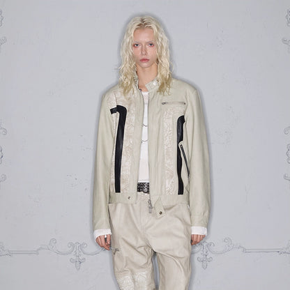 3D Patchwork Print Panel PU Leather Zipper Jacket WN17875