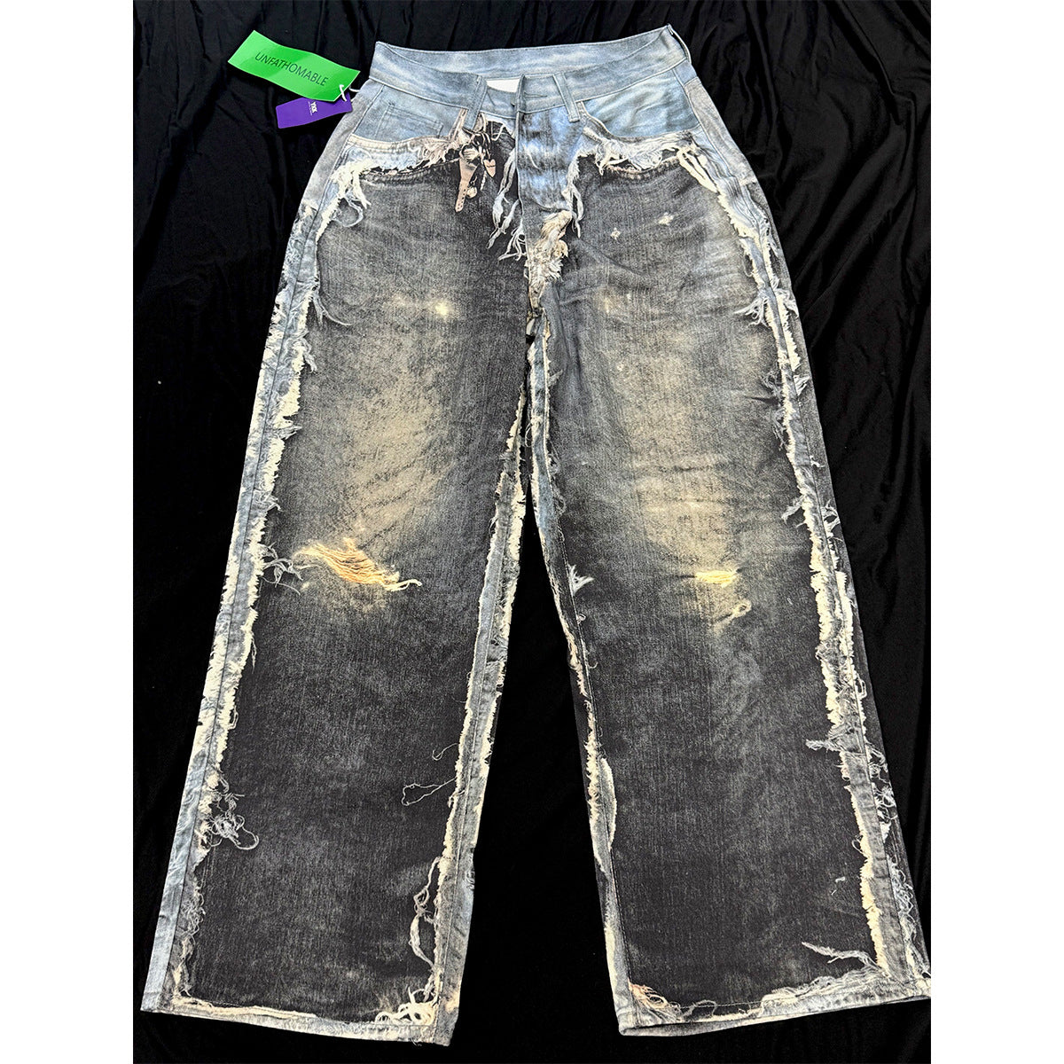 Distressed Frayed Mix Patchwork Wide Leg Denim Jeans WN23604