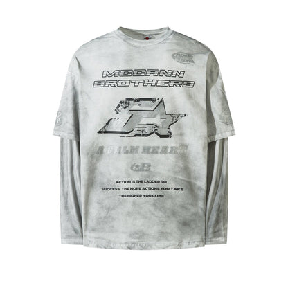 Graphic Paint Print Fake Layered Oversize Long Sleeve T-Shirt WN24420