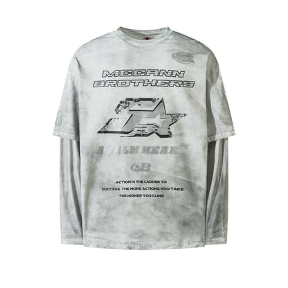 Spray Letter Print Fake Layered Long Sleeve T-Shirt WN21048