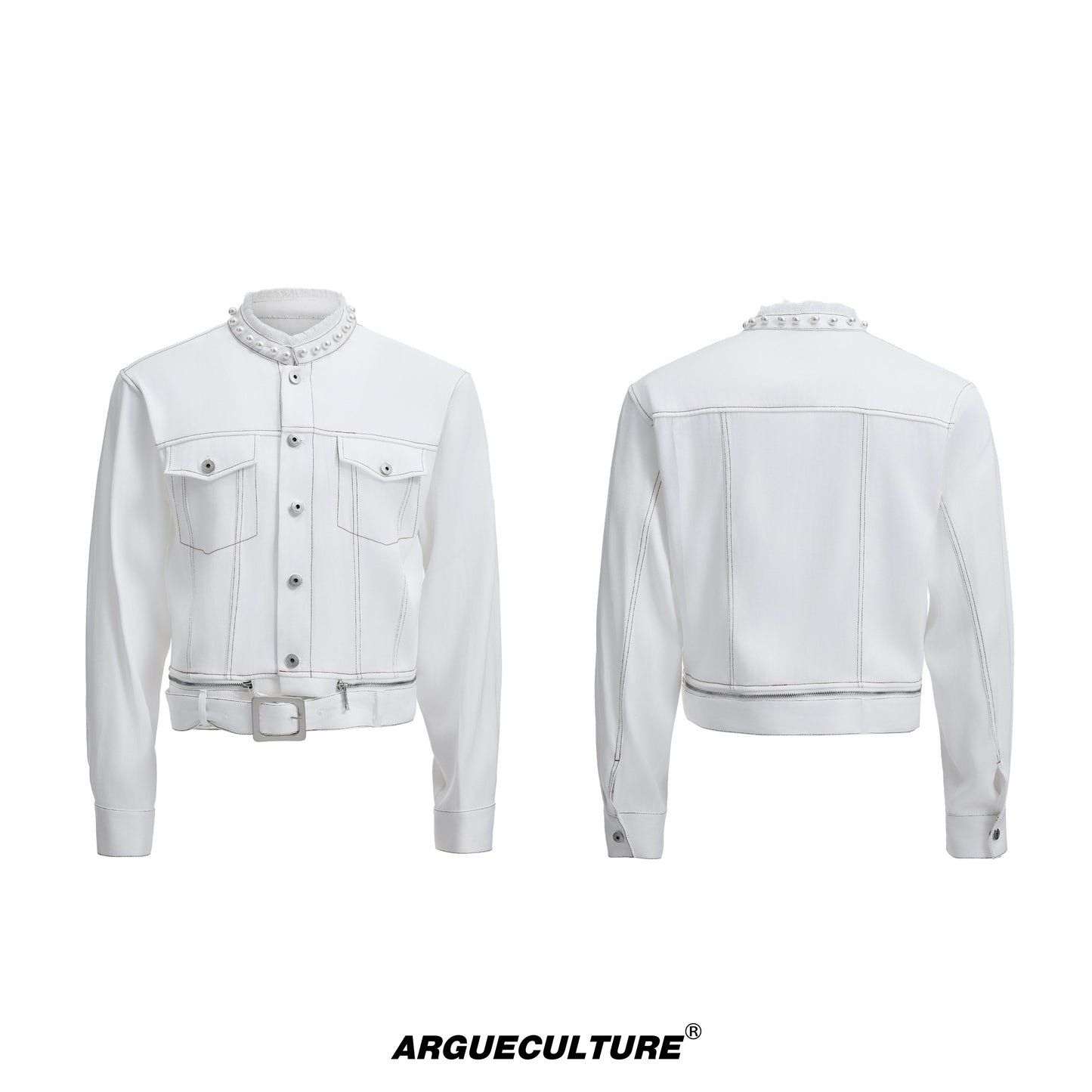 Pearl Detail Collarless Short Denim Jacket & Cargo Denim Jeans Setup WN20513