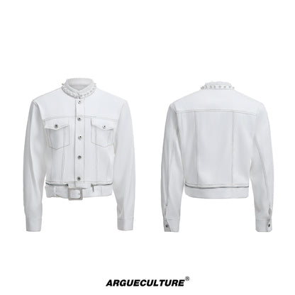 Pearl Detail Collarless Short Denim Jacket & Cargo Denim Jeans Setup WN20513