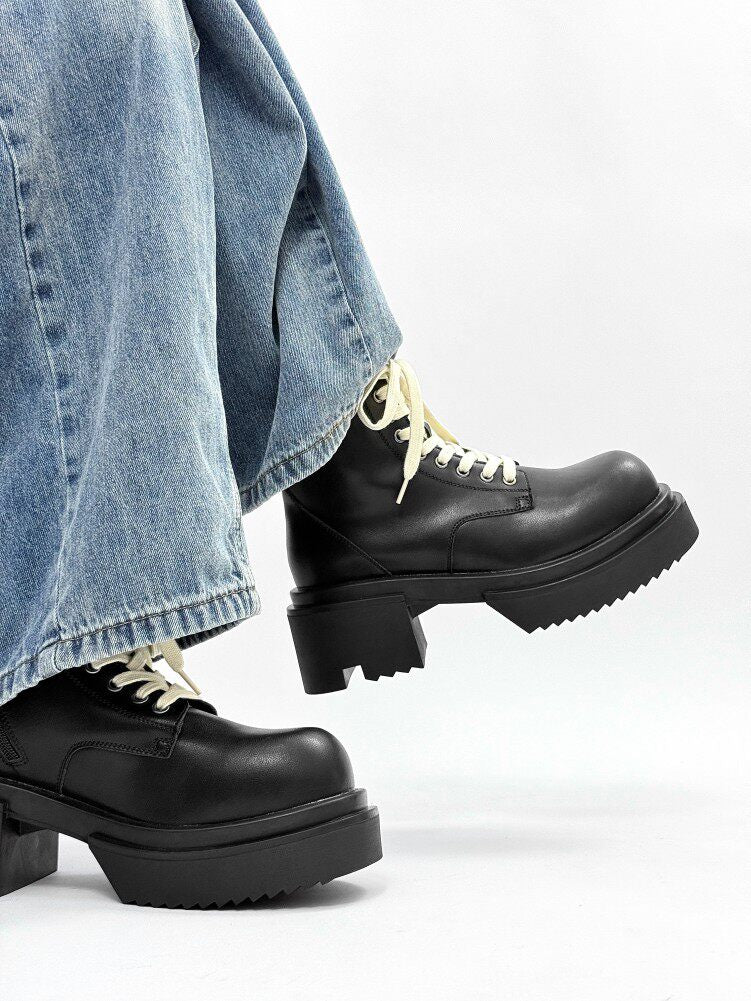 Matte Black Chunky Lace-Up Combat Boots WN24500