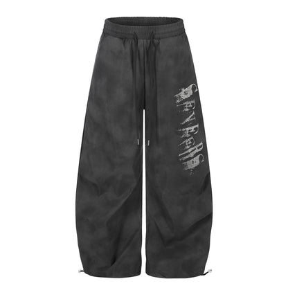 Washed Letter Print Drawstring Wide Leg Pants WN25389