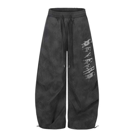 Washed Letter Print Drawstring Wide Leg Pants WN25389