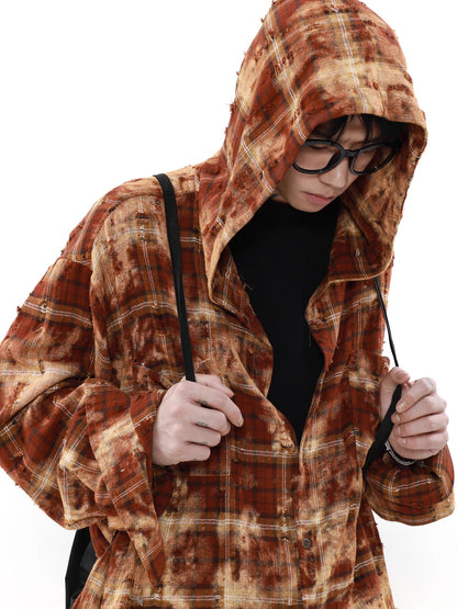 Oversize Checkered Long Sleeve Hooded Shirt WN7560