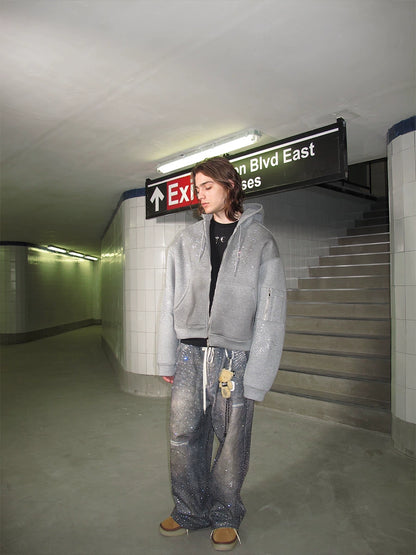 Washed Rhinestone Oversize Zipper Hoodie WN13261