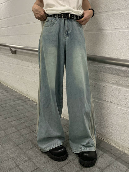 Stripe Panel Washed Wide Leg Denim Jeans WN19886