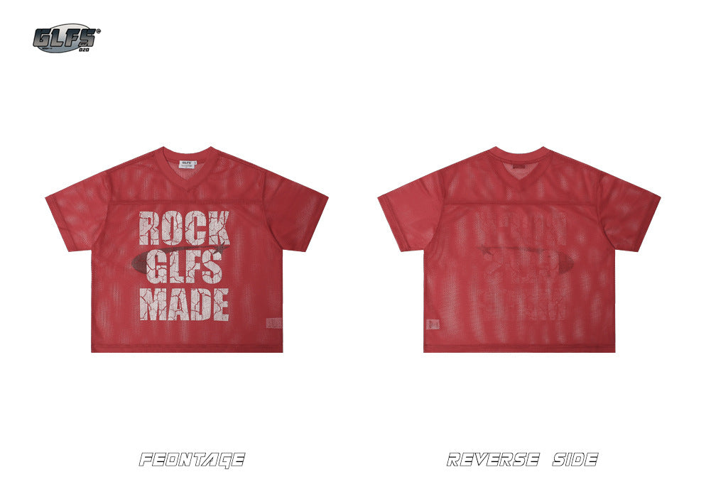 Mesh Letter Print V-Neck Short Sleeve T-Shirt WN26482