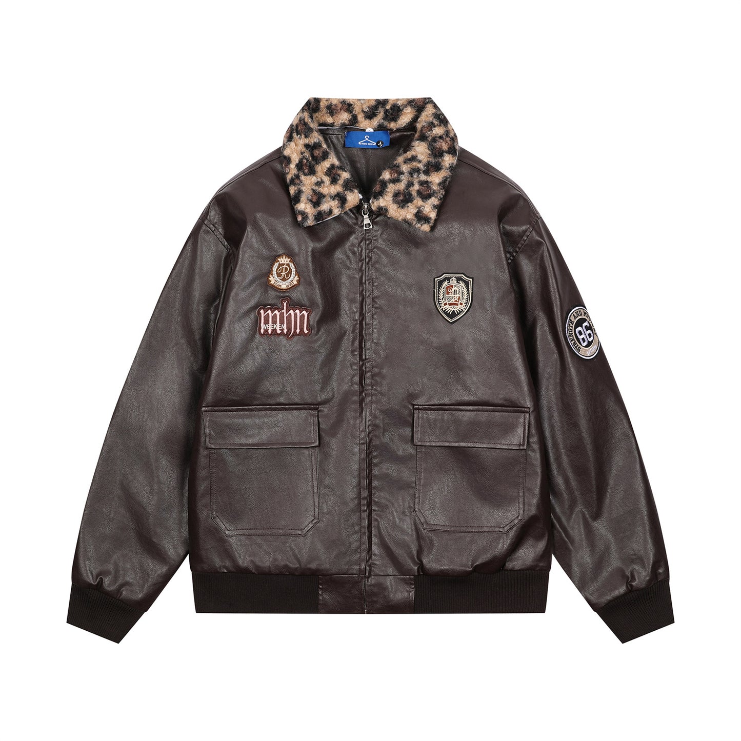 Badge Embroidery Detachable Leopard Collar PU Leather Jacket WN11189