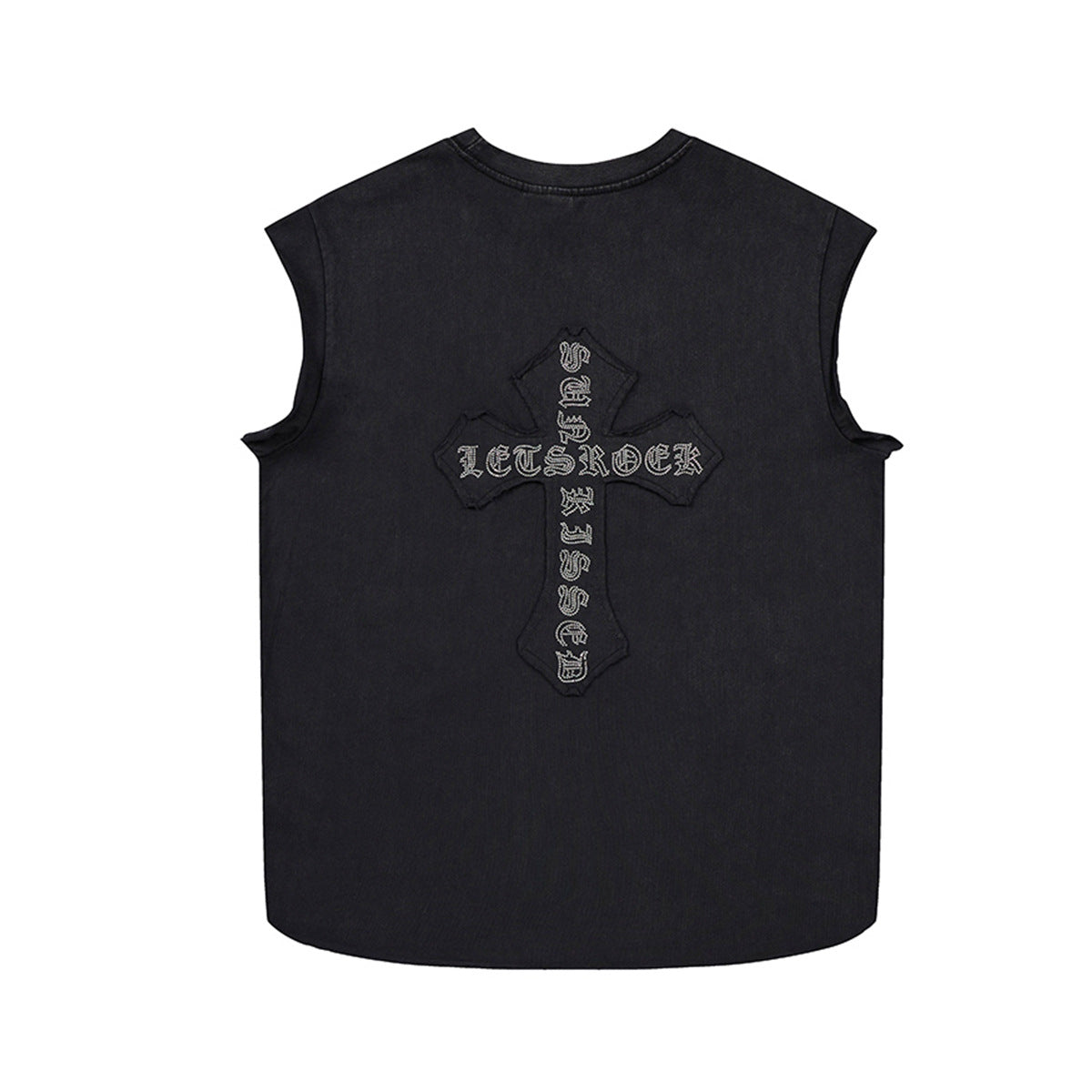 Cross Rhinestone Washed Damage Sleeveless T-Shirt WN25606