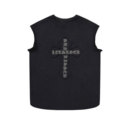 Cross Rhinestone Washed Damage Sleeveless T-Shirt WN25606