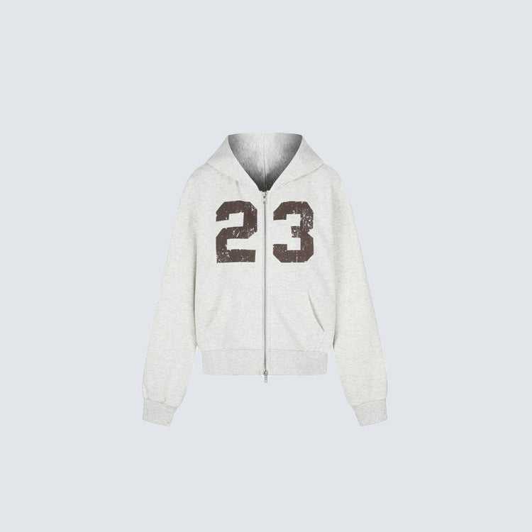 Cropped Number Graphic Zipper Hoodie WN27966