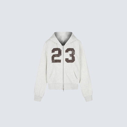 Cropped Number Graphic Zipper Hoodie WN27966