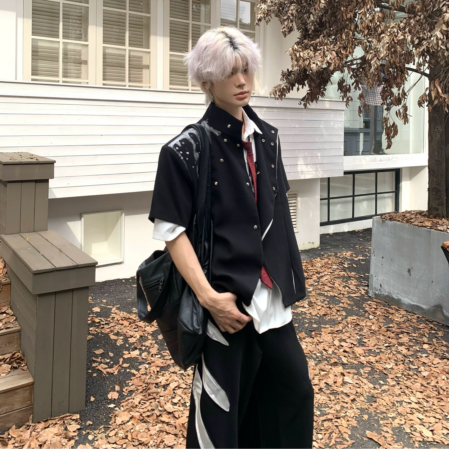 Paint Deconstructed Metal Short Sleeve Jacket & Paint Wide Leg Pants Setup WN19756