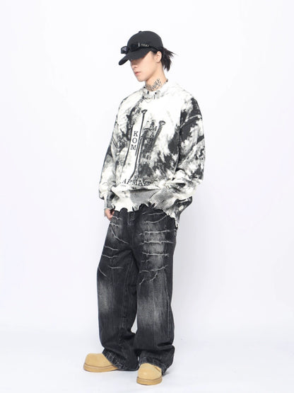 Graffiti Design Damage Raw Hem Oversize Knit Sweater WN10902