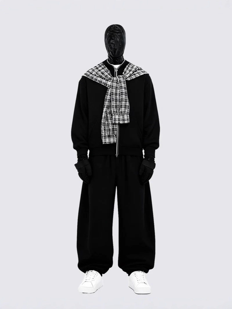Plaid Scarf Zipper Jacket & Wide Leg Drawstring Pants Setup WN28040