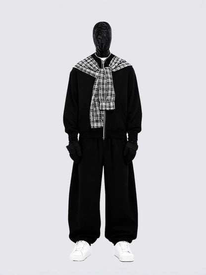 Plaid Scarf Zipper Jacket & Wide Leg Drawstring Pants Setup WN28040