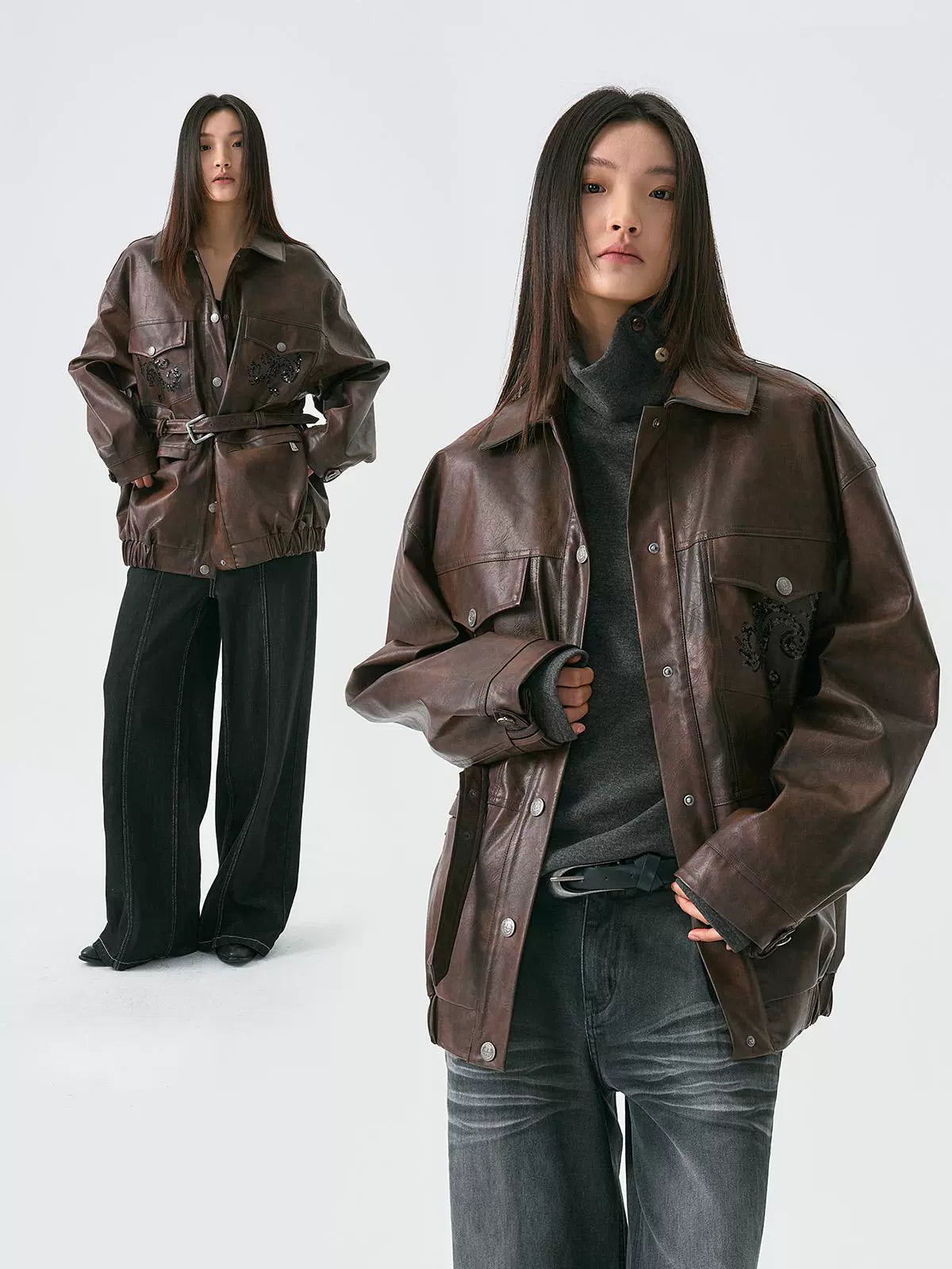 Sequin Embroidery Belted PU Leather Jacket WN18895