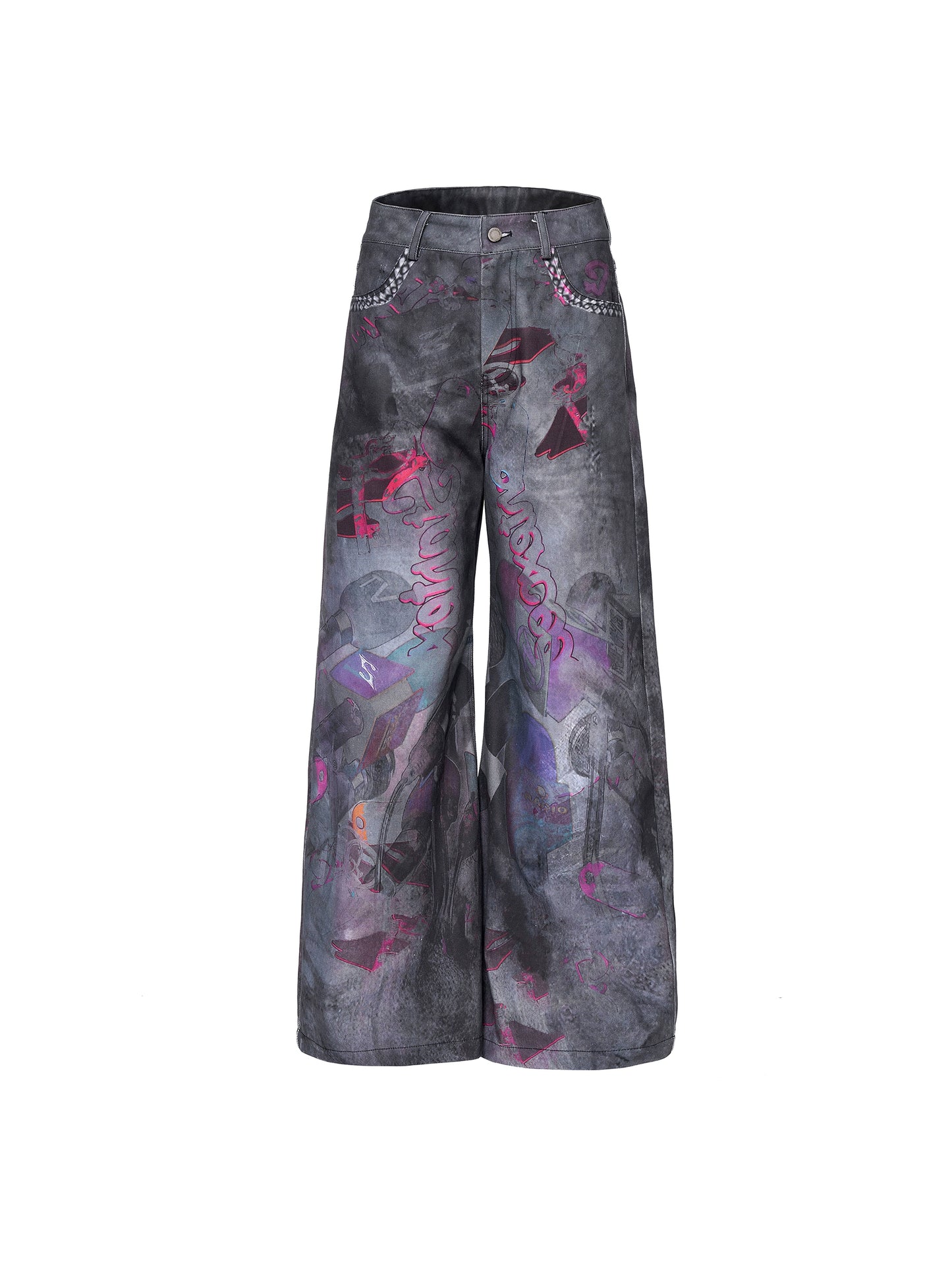 3D Print Damage Wide Leg Denim Jeans WN21845