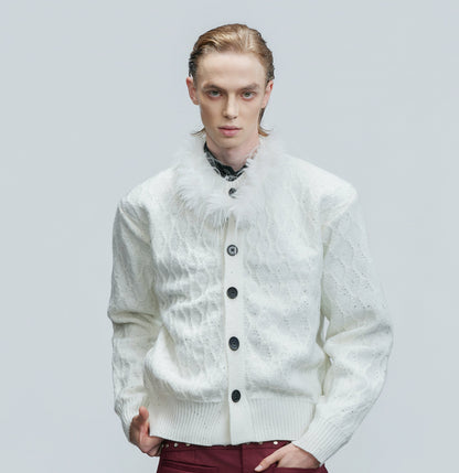Sequin Fur Collar Cable Knit Cardigan WN21746