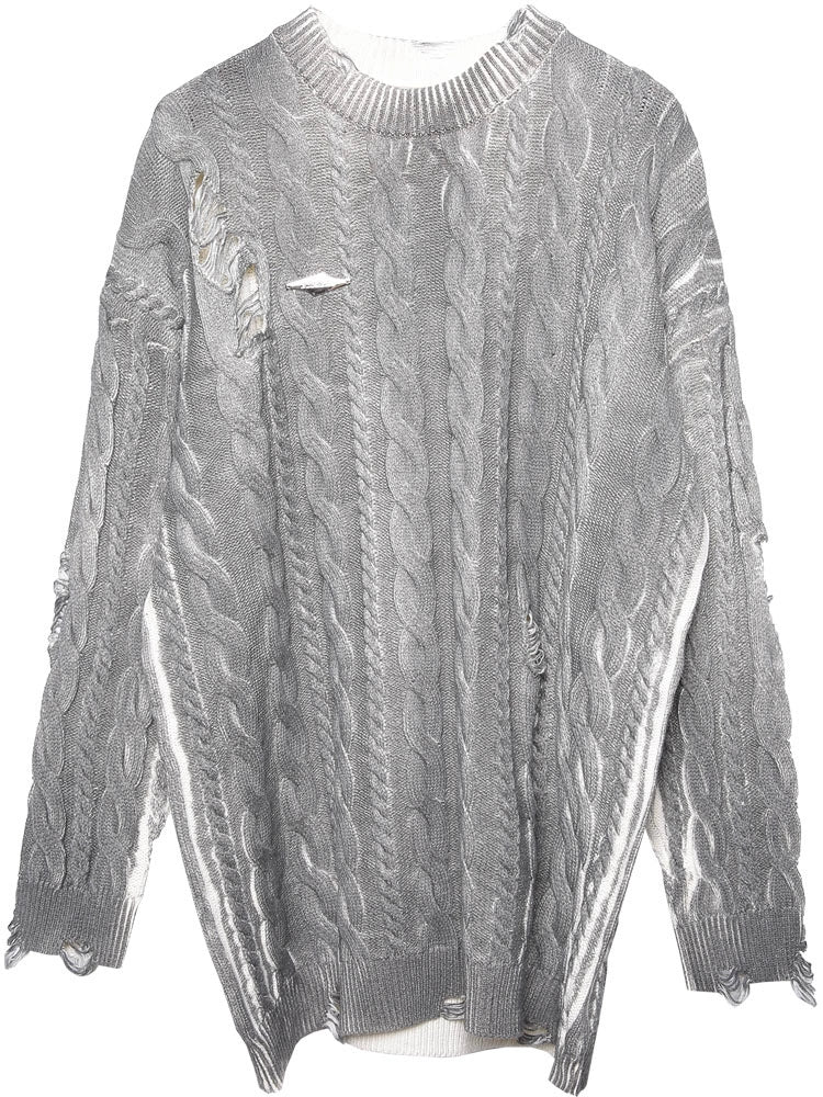 Hooded Oversize Damage Tassel Cable Knit Sweater WN22423