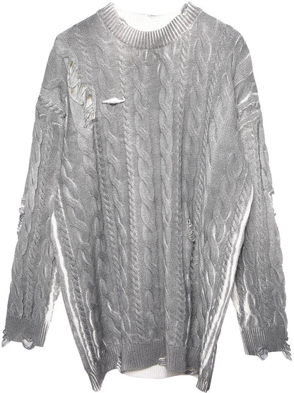 Hooded Oversize Damage Tassel Cable Knit Sweater WN22423