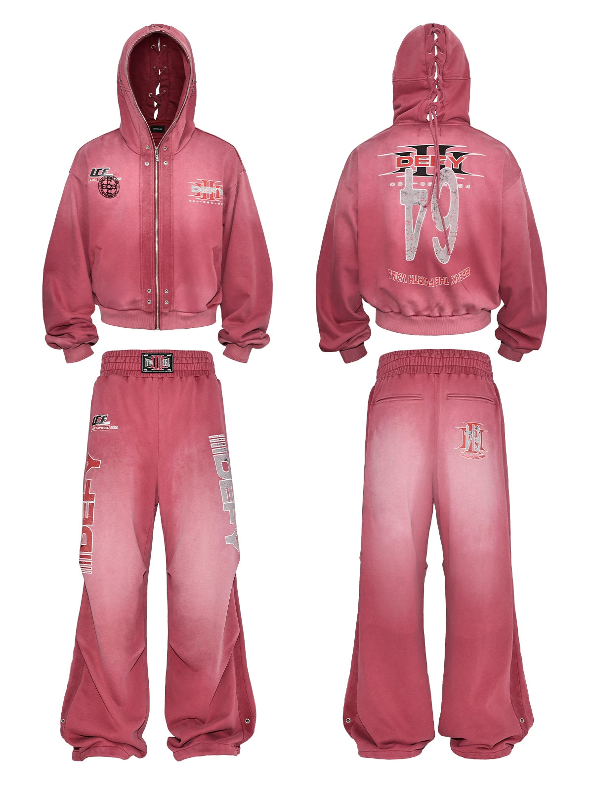 Graphic Print Zipper Hoodie & Washed Eyelet Pants Setup WN20837