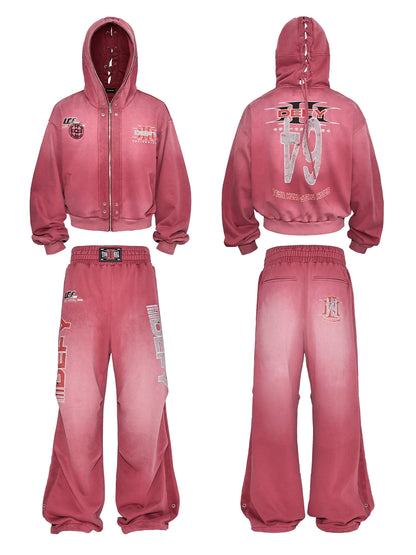 Graphic Print Zipper Hoodie & Washed Eyelet Pants Setup WN20837