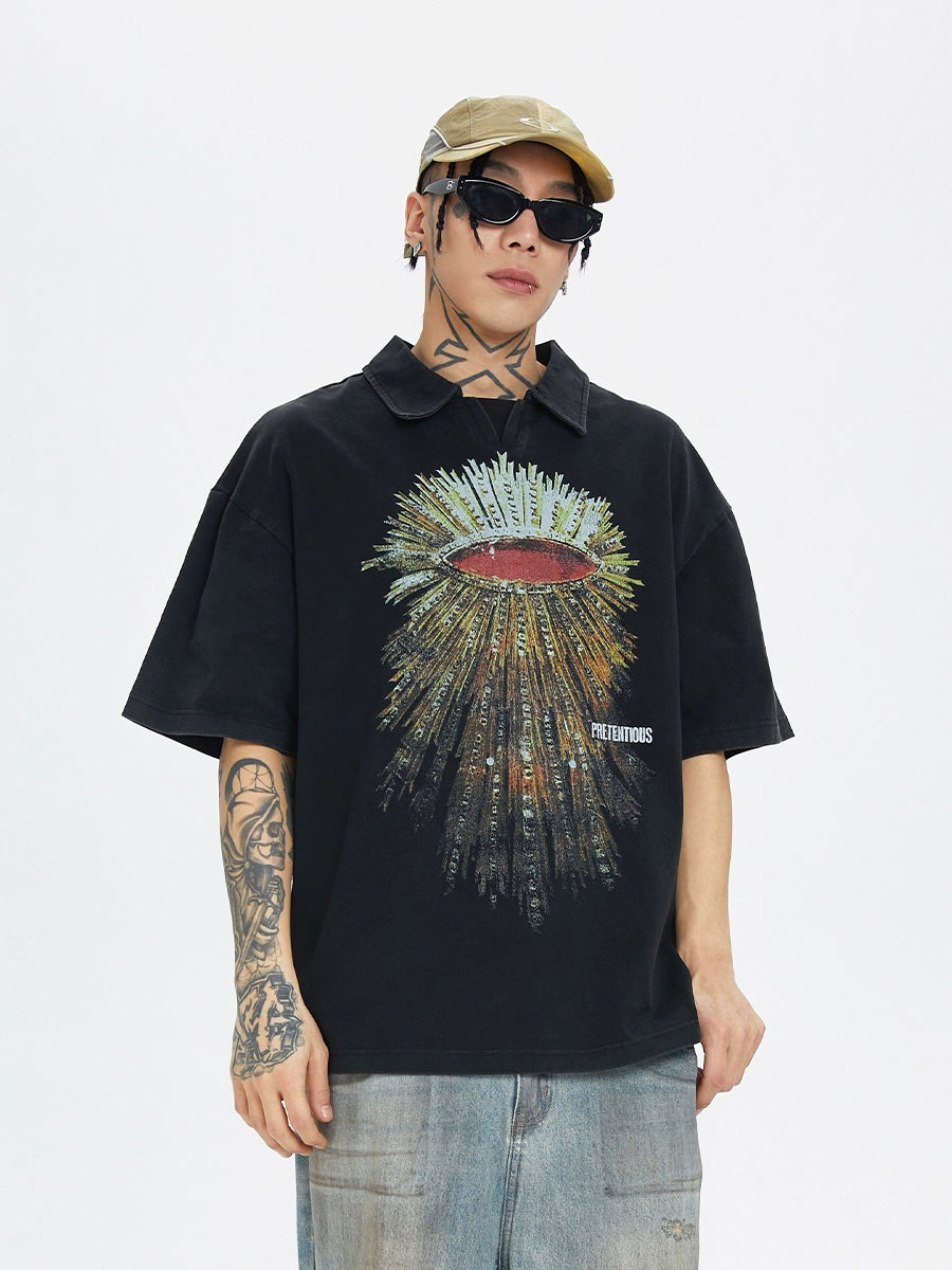 Graphic Print Heavyweight Washed Polo T-Shirt WN12212