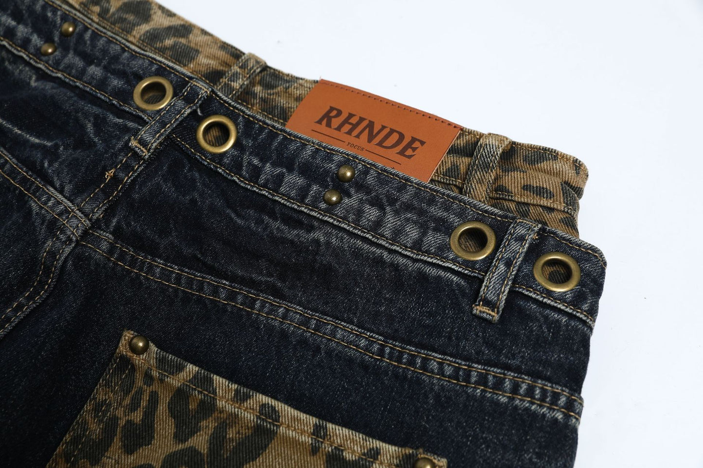 Fake Layered Leopard Print Wide Leg Denim Jeans WN26148