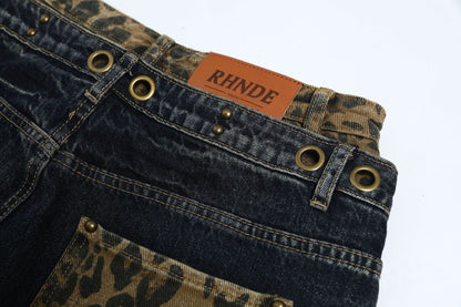 Fake Layered Leopard Print Wide Leg Denim Jeans WN26148